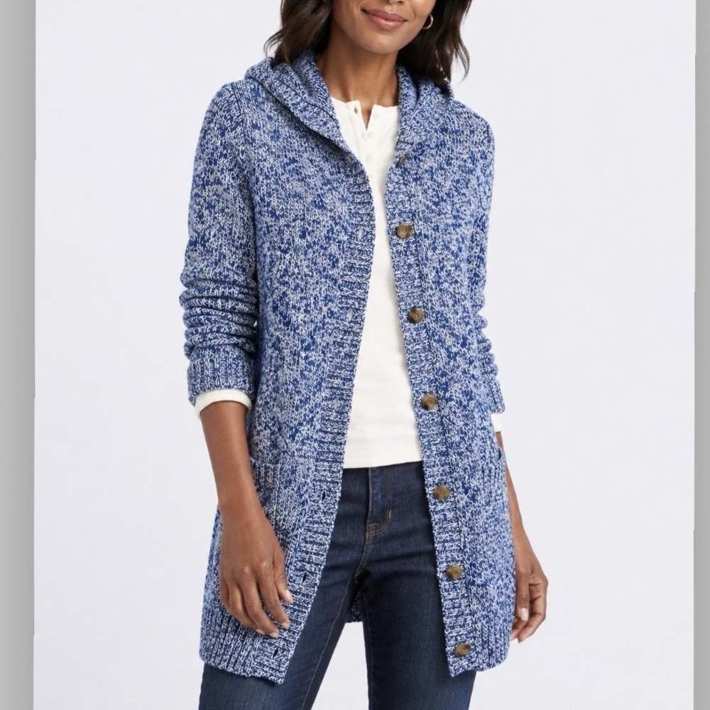 LL Bean Blue Cotton Ragg Long Button Cardigan Hoodie Sweater Pockets Size XS
